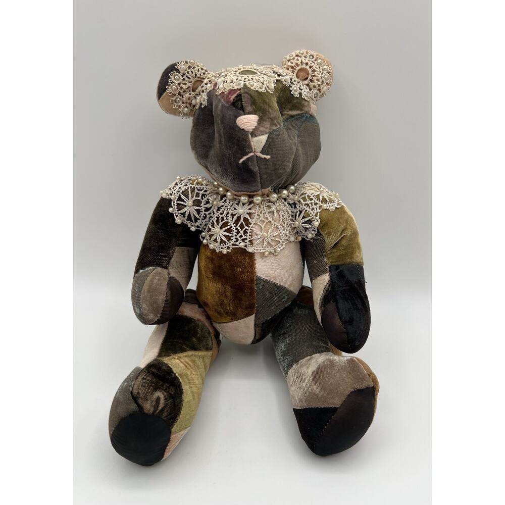 Vintage Handmade Velvet Patchwork Jointed Bear w Pearls & Lace 11” Signed #217